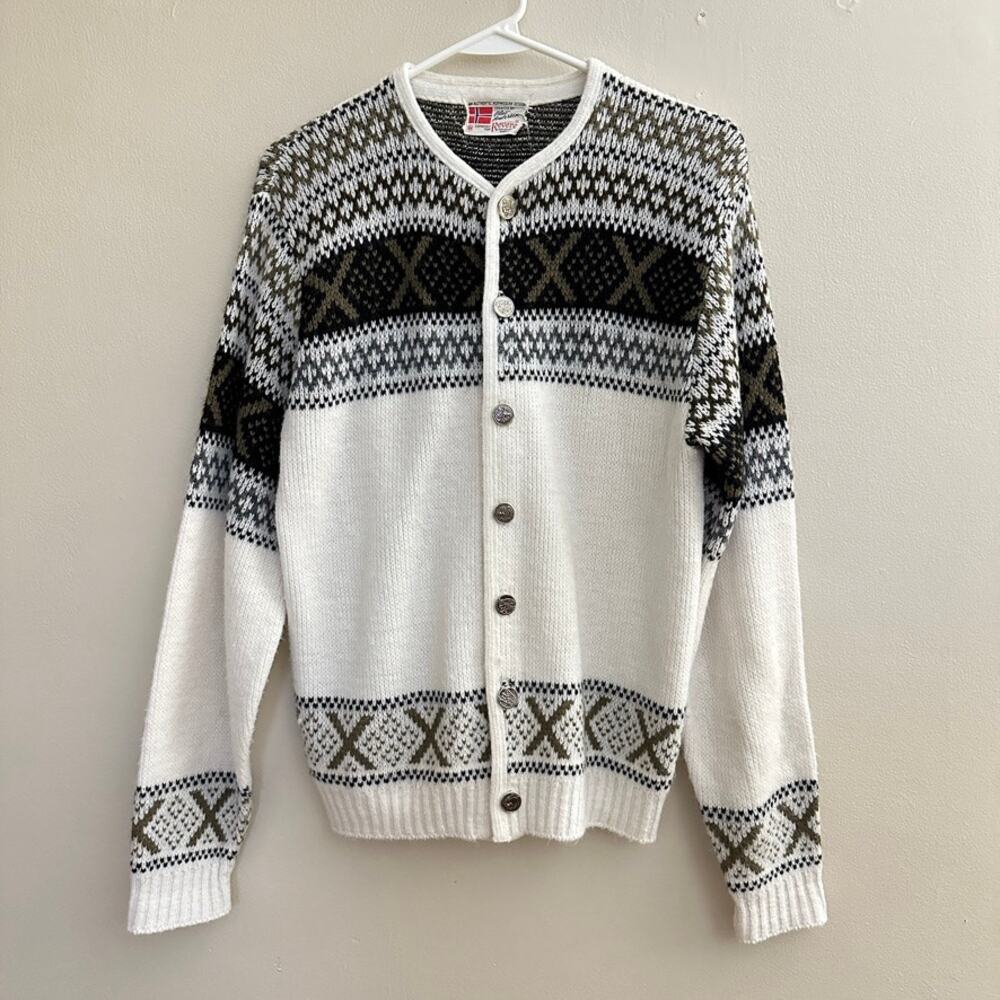 Revere Norwegian Cardigan Sweater Womens MED Vintage 80s Nordic Fair Isle Knit